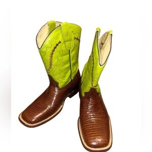 Ferrini Cowboy Boots Exotic Brown Lizard Print Square Toe Neon Green Women’s 6
